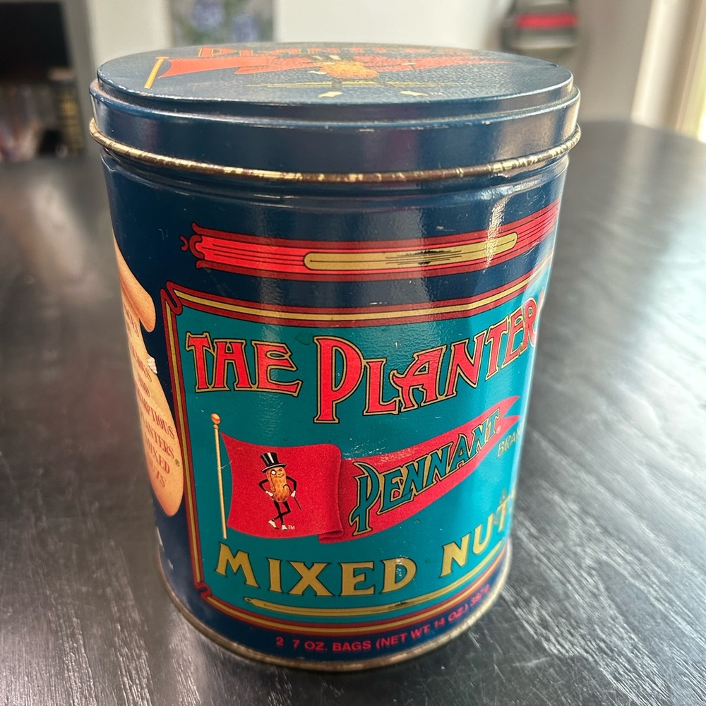 Planters Mixed Nuts Tin- 80 vintage - some dents and wear- bright red blue retro